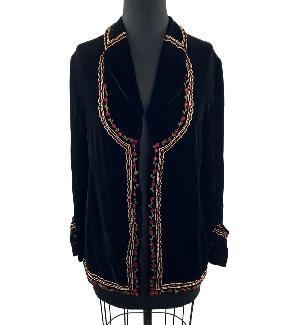 Vintage VIVIENNE TAM Velour Embroidered Jacket Black Floral Trim Long Sleeve